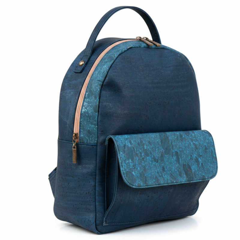 Blue patterned cork backpack with front pocket handmade in Portugal
