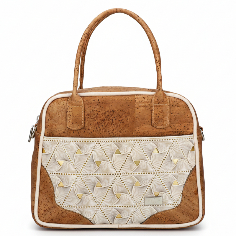 Structured cork handbag with geometric front panel handmade in Portugal